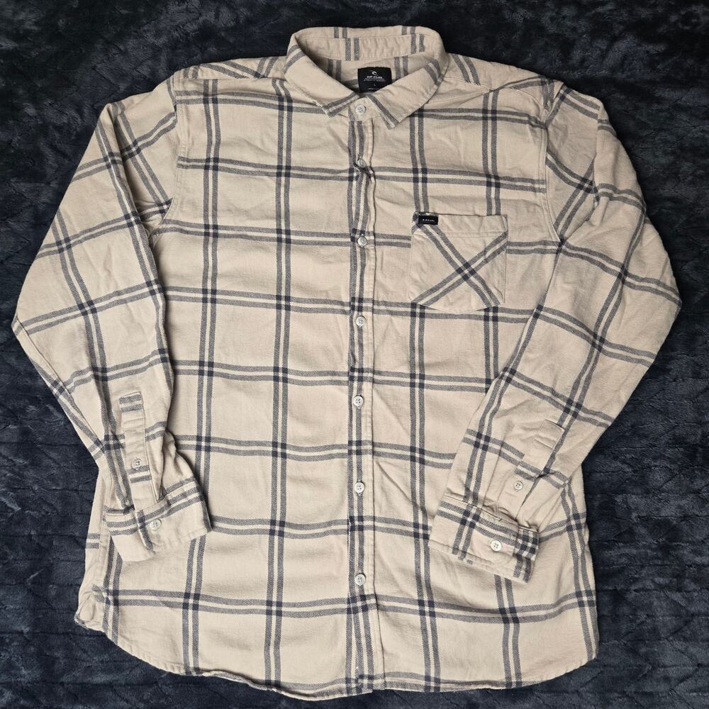 Rip Curl Men's Plaid Flannel Button Up Cream Long Sleeve - Size L